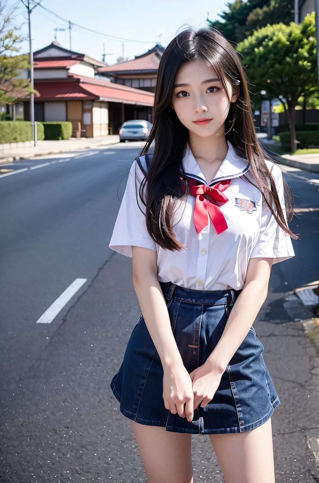 Black pleated skirt、white  shirt、neck tie、Photorealsitic, hight resolution, 1 rapariga, white  hair, Korea person, Heterochromia eyes, small moles under eyes, 校服, High School Costumes,large full breasts, Blue-haired、(Blonde mesh)、plein air、Pigtails straight hair、yes、all-fours,Half blonde and half black hair、(top-quality、in 8K、32K、​masterpiece、nffsw、ighly detailed、Impresionismo:1.2)、Full body, (amusement park:1.4)、blurry backround、shinny skin, Beautiful black and pink hair、Blunt bangs、 braided ponytails、Brown eyes、a sailor suit、pleatedskirt、Black socks、Black shoes、A smile、thighs thighs thighs thighs、from the front side、Opening legs、