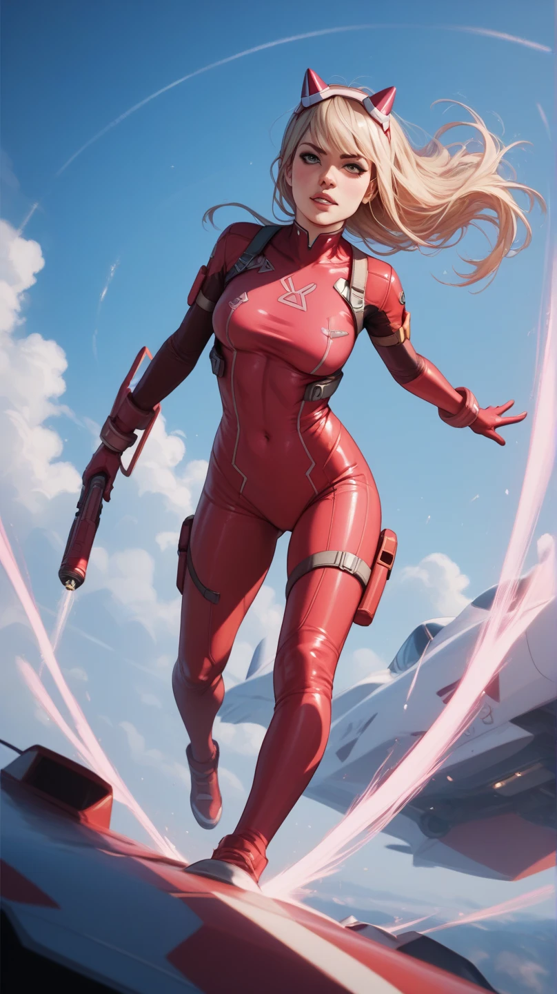 ((Beautiful mechanical girl)),Red body,Red legs,Red arm,Long blonde hair,eBlue eyes,shapely body,perfect body figure,Raised sexy,huge boob,beauitful face,ellegance,mature,Just the right lighting,perfect detail,Perfect facial features,Use characters as the main subject of the picture