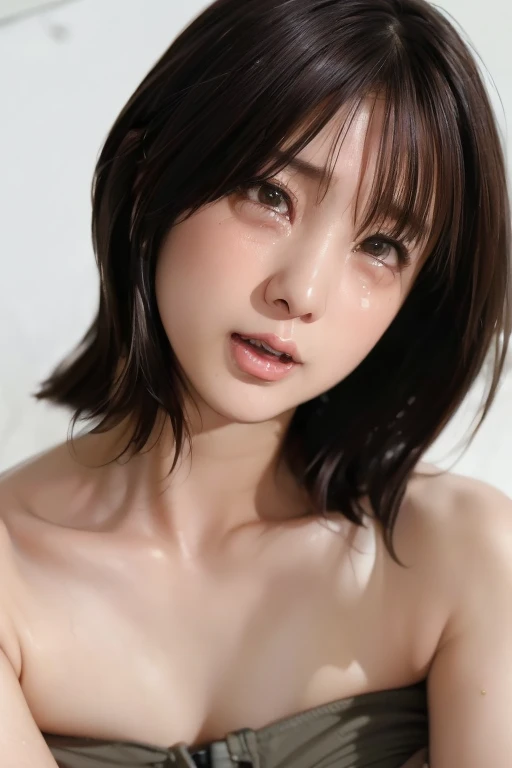 table top, highest quality, realistic, Super detailed, finely, High resolution, 8k wallpaper, cinematic lighting、1 person、beautiful japanese woman、30 years old、light brown straight bob hair,, (blurred background、station platform、noon、Light of the sun)、sharp focus, perfect dynamic composition, narrow eyes:1.5, finelyて美しい目, thin hair, Detailed and realistic skin texture, ((Sweat, blush, closed my eyes, open your mouth:1.3)), (head tilt), close-up portrait, model body shape,((Full body)),((((nsfw)))),(The nostrils are pointing upwards)),realistic nostrils、elongated nasal cavity,,,、big breasts、(sharp nose)frown performance:1.4,,performance,frown,please raise your head、Sweatでテカテカの肌,oily facial skin,50 degree hot room、(((Sweatでテカテカの肌))),((((顔中Sweatばんで)))),Face enduring severe pain、screaming face,Open your mouth wide and scream,((((髪の毛がSweatで凄く濡れている))))