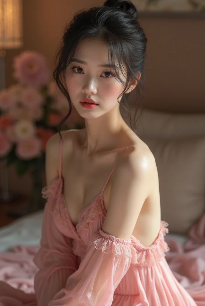 8k, masterpiece, RAW photos, best quality, realistic, extremely detailed CG unity 8k wallpaper, depth of field, Cinematic Light, lens flare, ray tracing, (very beautiful face, beautiful lips, beautiful eyes), A face with intricate details, ((highly detailed skin), 1 pretty girl top quality photo， ultra high resolution， （actually：1.4），Beautiful woman with a slender body:1.4, Distinct abs:1.4, on the island,ultra fine face，exquisite eyes，double eyelid,(((nude))), spread your legs,possession_,head, head 장식,hair bun, 