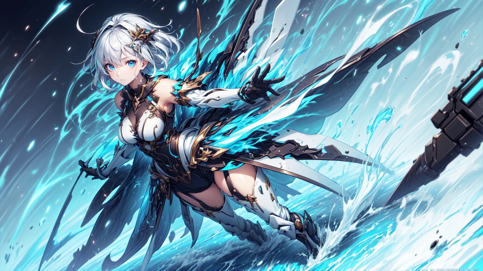 (high resolution), (best quality), (masterpiece), detailed, ultra detail, intricate detail, androgenous, slime creature, solo focused, ooze, amorphous, silver hair, mature, adult, handsome, beautiful, full body, looking at viewer, armored, smiling, laughing, weapons, exuding a dark aura