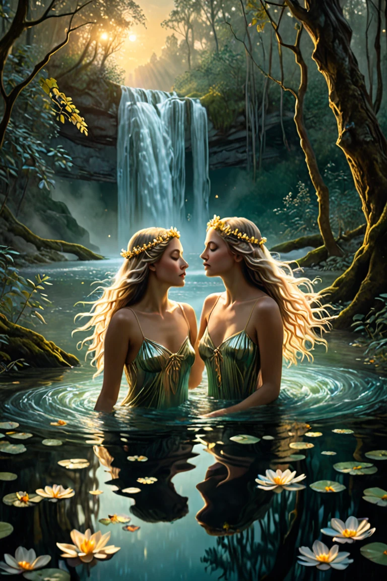 paint of five females lie on back of a white scan on the river, forest, a hand some man, full body standing, naked, wide, deer, bird, flower, cloud, female greek god, white hair, mature, hairy torso, fantasy, intricate, elegant, highly detailed, digital painting, artstation, concept art, smooth, sharp focus, illustration, art by gaston bussiere and alphonse mucha, almost naked