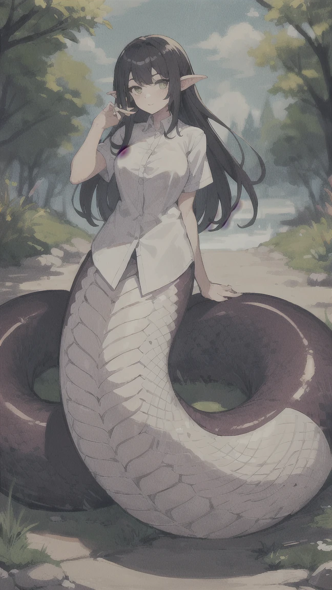 1girl, lamia, scales, white shirt, full body, outdoors,
