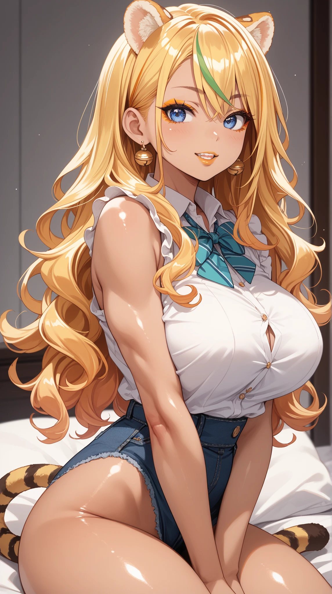 One girl, solo, Big round breasts, clevage, curvy hips, realistic, blonde hair, light green eyes, amazing big eyes, eye details, eyebrow details, white crop top, denim skirt, big lips, blush, confident, dominant, bdsm, smirk, naughty, mischevious face, HD, good quality, crop top, curvy, bedroom setting,