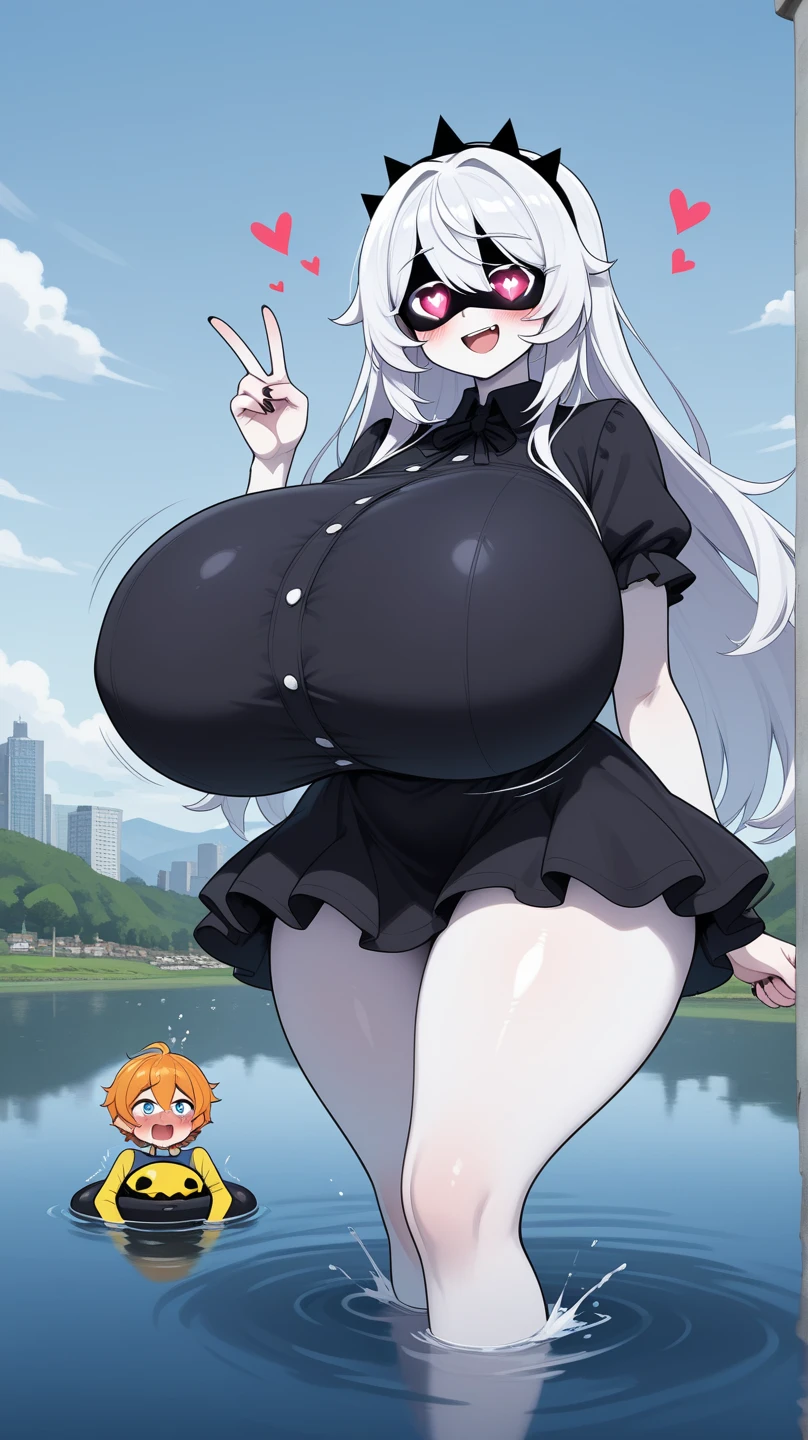 (a huge black female wolf furry), black fur, short muzzle, cat-like face, white pattern on forehead, white patterns from muzzle to forehead, white patterns on belly, white patterns on hand and legs, long white hair, straight bangs, brown eyes, kemomo, bbw, huge breasts, fang, small mouth opened, smile, sky blue monotone dress, in the shopping street, clear sky