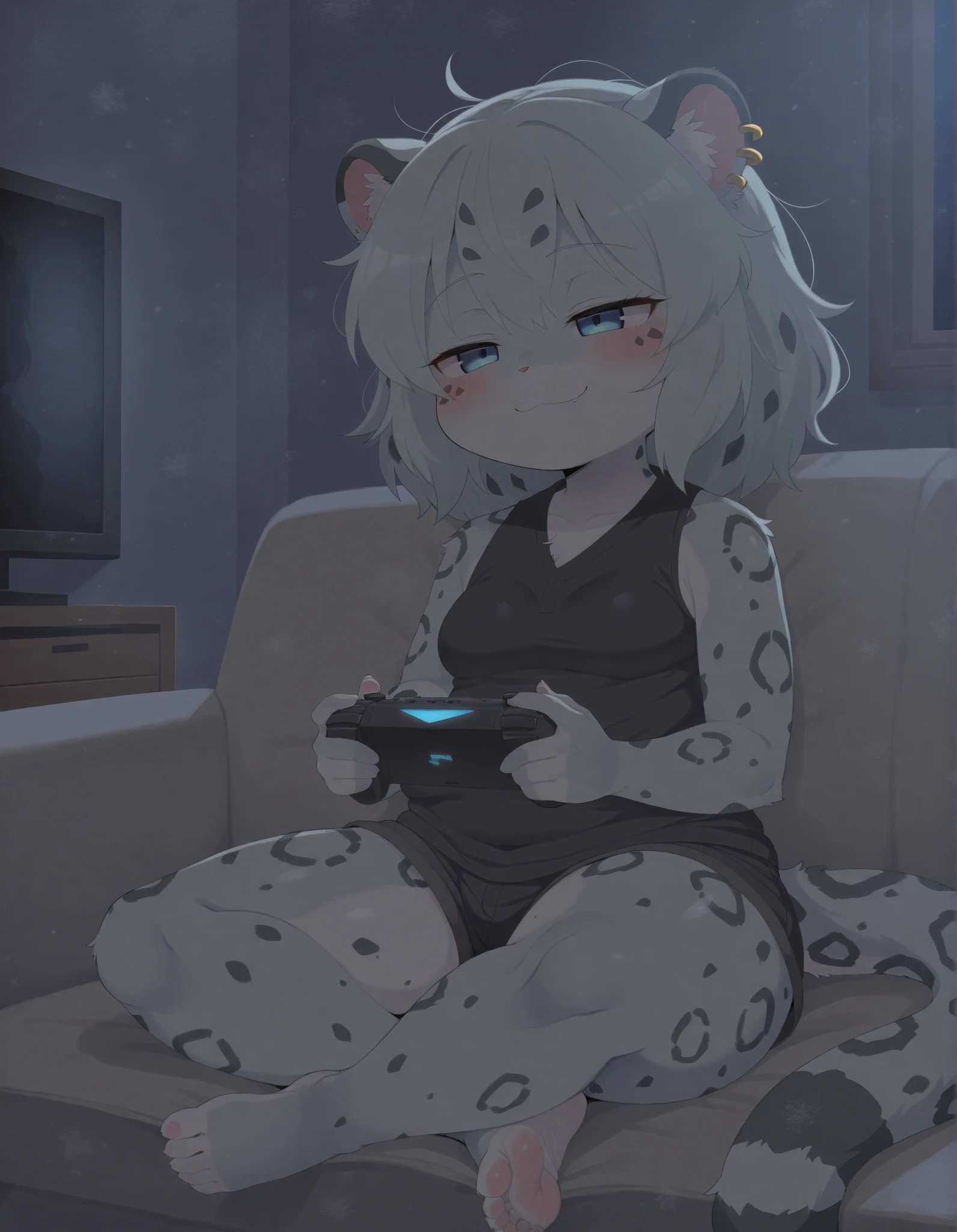 dagasistyle,, dagasiyuki, leopard tail, furry, (Masterpiece, best quality:1.2), 1girl, console, tv, playing games, living room scenery, night, couch, sitting cross-legged, dark lighting, detailed shadows, BREAK, 1girl, furry girl, snow leopar ears, snow leopard tail, short, ager, shortstack, female is cute, female is short, big thighs, soles, small breasts, clothed, blue eyes, smug, short messy hair, cute, vneck cyan hoodie, black mini shorts, black polo neck shirt, 1quarter closed eyes, focused, ear piercings in leopard ear, raised eyebrows, relaxed, mature, best quality eyes, comfy lighting, darker background, [[wide shoulders]], [[small head]], [[reduced head width]], higher eyes, [miniture head], adult proportions
