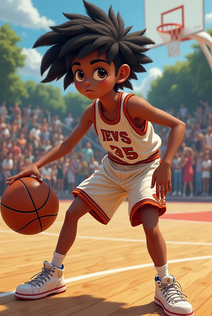 Boy with vibrant green eyes Basketball outfit number 11 White and moss green curly hair 1.67 tall Dark skin 
