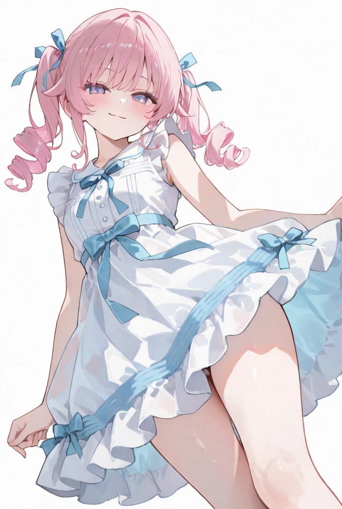 1girl, loli, cute daughter, happy, short hair, twintail hair, cute pink mini dress, upskirt, white panties side tie, white background
