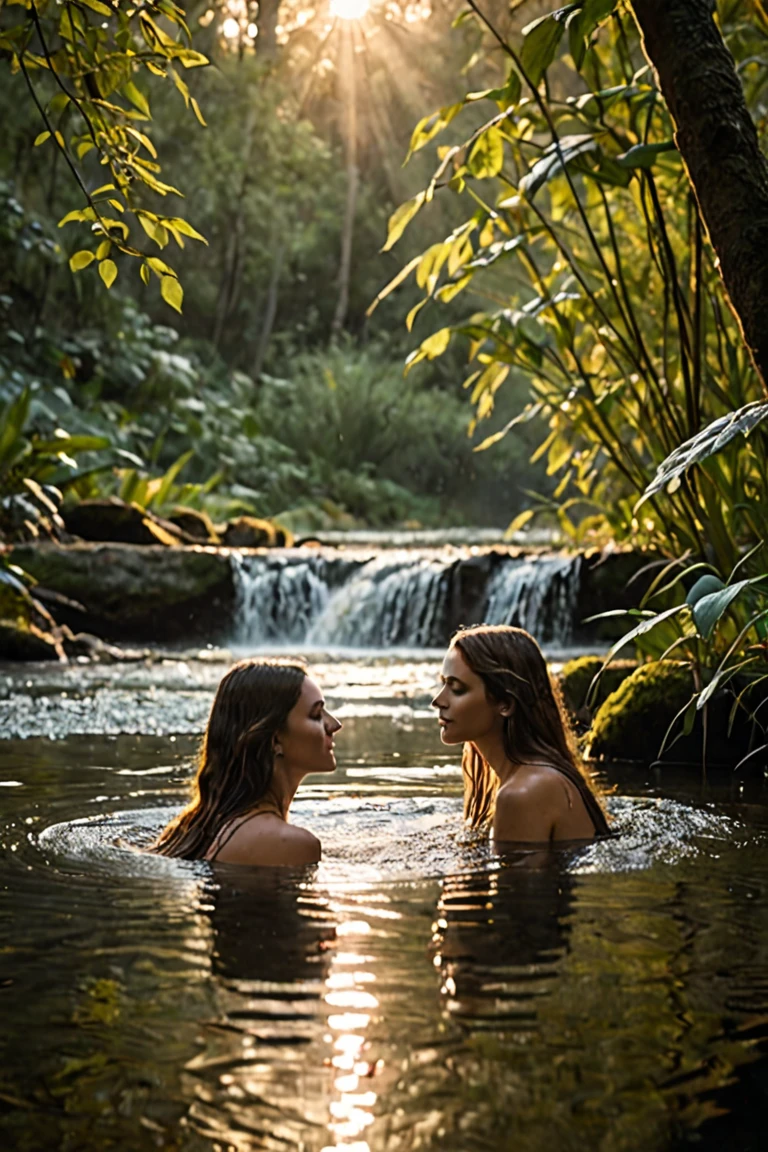 Two Burmese girls in full body are bathing in the stream, with long hair and no underpants.without clothes