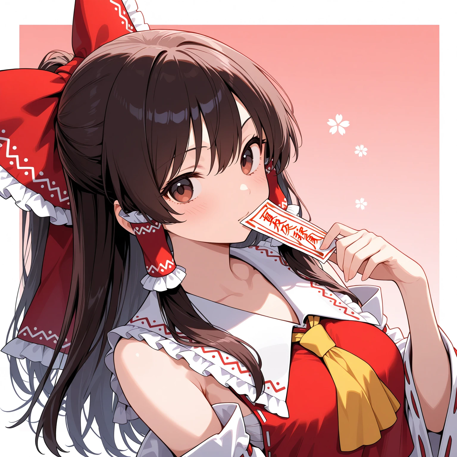black hair ,have white eyes,cute long hair chinese,There is a flower in my hair.,have a beautiful smile,Have large breasts.,holding pink flowers,half a quarter,The outfit is a cute outfit.,stand cheerfully,It&#39;s in a place that&#39;s full of flowers.