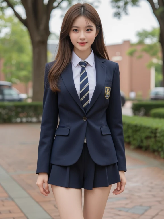 (8K), (highest quality: 1.2), (realistic), (realistic: 1.37), ultra high resolution, (1 girl), cute, smile, closed mouth, beautiful details, beautiful nose, twin tail hair, giant dulcefo, pork, thighs,self snap,University Student Uniform,(A simple navy blue blazer),pleated skirt,(The skirt and tie are tartan check pattern:1.3),(sitting:1), sit on ,from the front, (shiny legs:1.2)