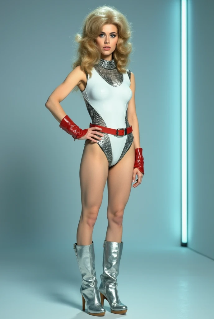 Masterpiece, blonde woman, Closed eyes, metallic red swimsuit, silver belt, Boots, wet skin, lying on the ground, unconscious, holding a laser gun, realist, In a spaceship