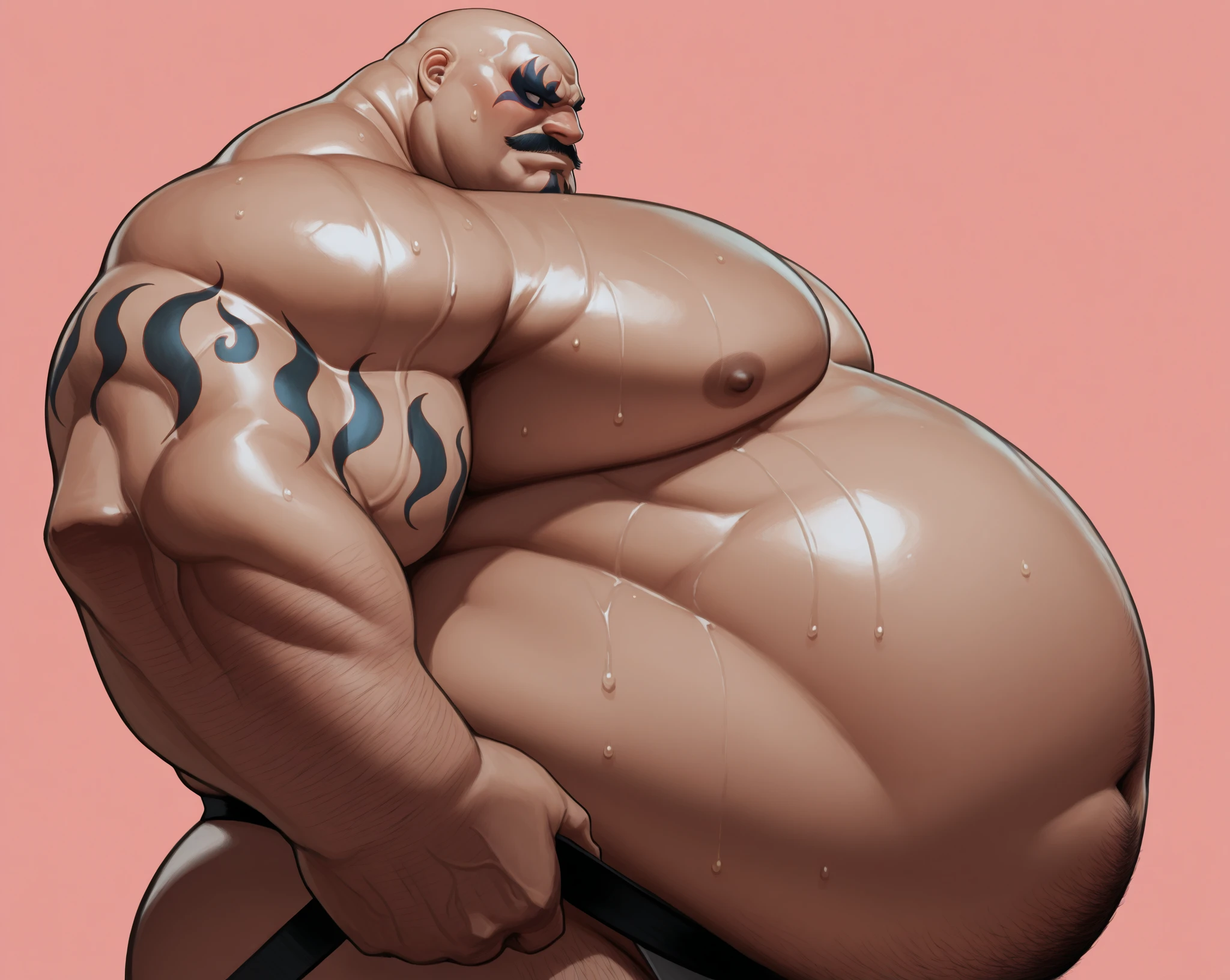 Wargreymon, big belly, musclegut, hands on hips,
