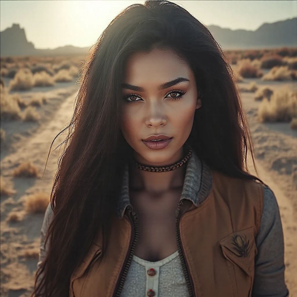 Best quality, masterpiece, Beautiful, young latina woman, looking straight at viewer, wearing simple shirt and jeans, open red jacket on top, sitting on sand, hugging knees pose, teen age, detailed face, detailed body, symmetric face, big cute eyes, dynamic pose, tattooed hands, deep cleavage, perfect anatomy, photorealistic, slim body, black braid hair, 8k, ultra realistic, foggy desert background, wide desktop wallpaper, ambient occlusion