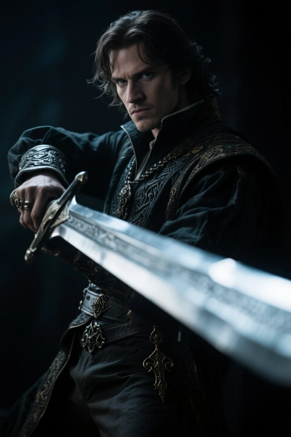 A rogue with short blond hair , with greedy eyes a dagger in his right hand, in leather armor, looks down with a sly grin