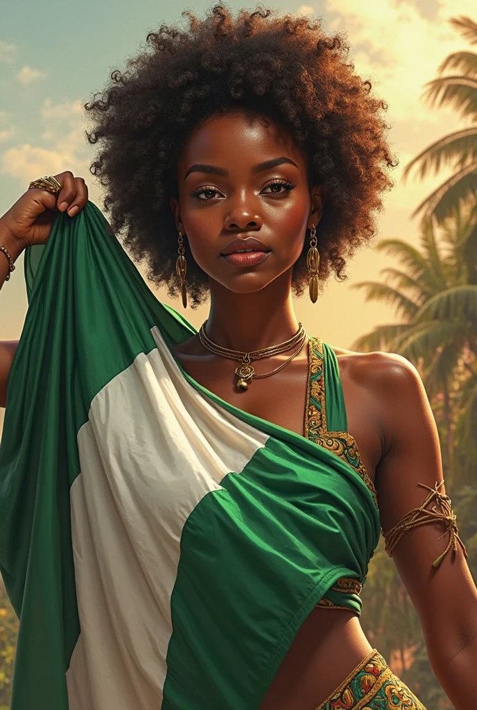 A tall sensual beautiful African woman with a Mozambican flag 