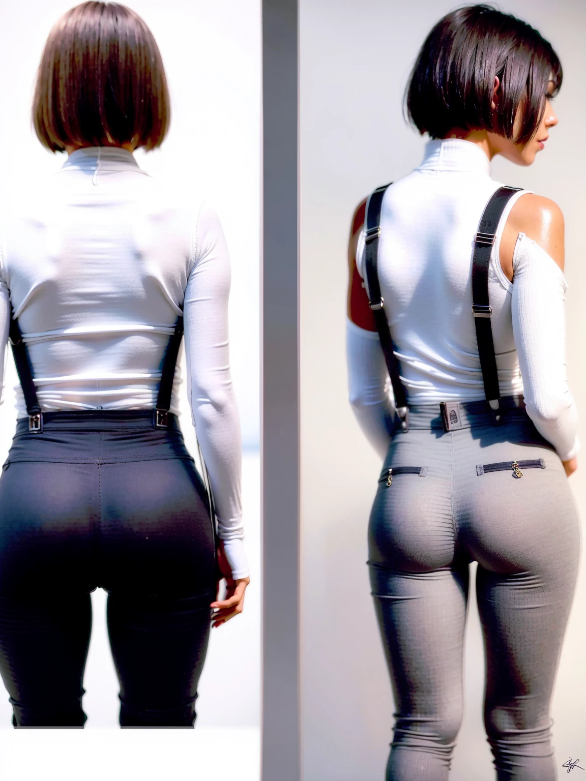 、(masterpiece、Highest quality)、Highest quality, Ultra-high resolution, (((masterpiece))), alone, Sweat、Big eyes,Tight black shirt、Tight white pants、belt、indoor、Composition from the front、(Cut the back hair short、short hair、blonde、woman)、Shortcuts、Embarrassed face、Cut your hair short、可愛いwomanの子、Big Breasts、office