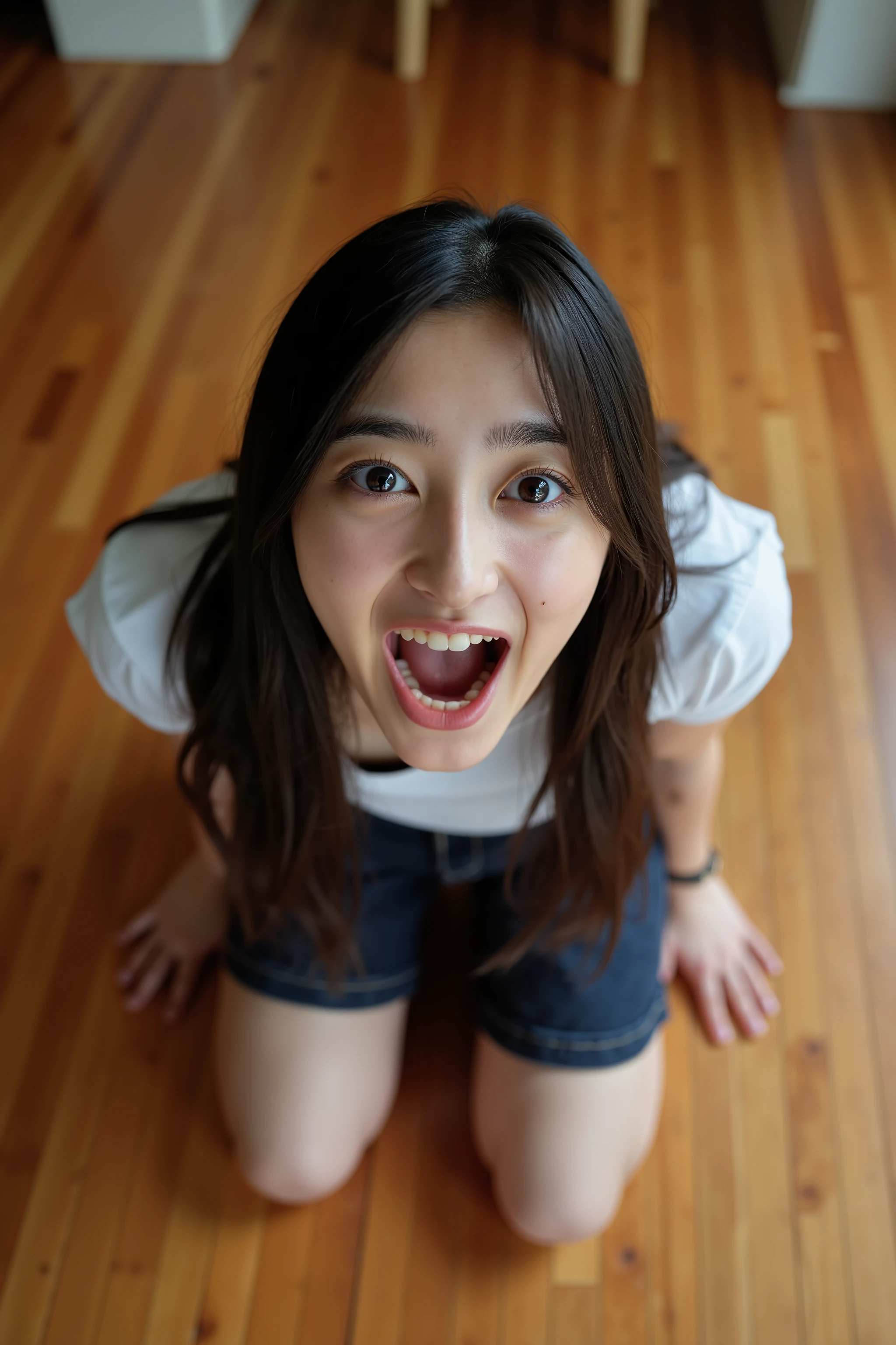 male POV. A high resolution photograph of a young Japanese woman in a t-shirt kneeling leaning forward in front of the viewer on a wooden floor at home, looking up at the viewer, facing up, open mouth wide. She looks sensual expression on her face. The image is close-up of focusing her face. The image only shows her face, without the viewer in the frame.