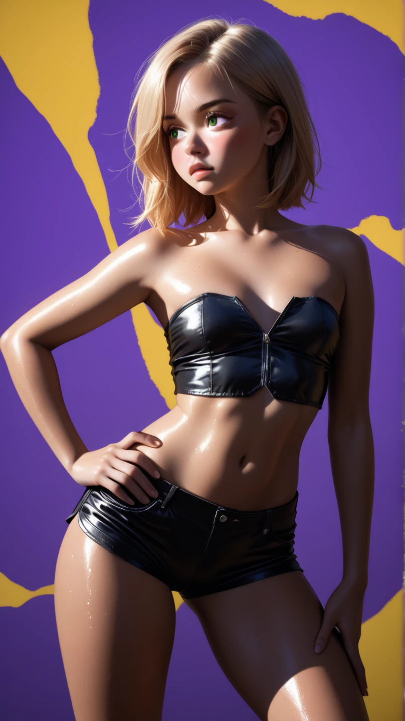 brown hair, ponytail, straight hair, brown eyes, tanned skin, black background, high quality photography, naked breasts, tight latex pants, neck chocker, perfect wet medium breasts, seductive pose