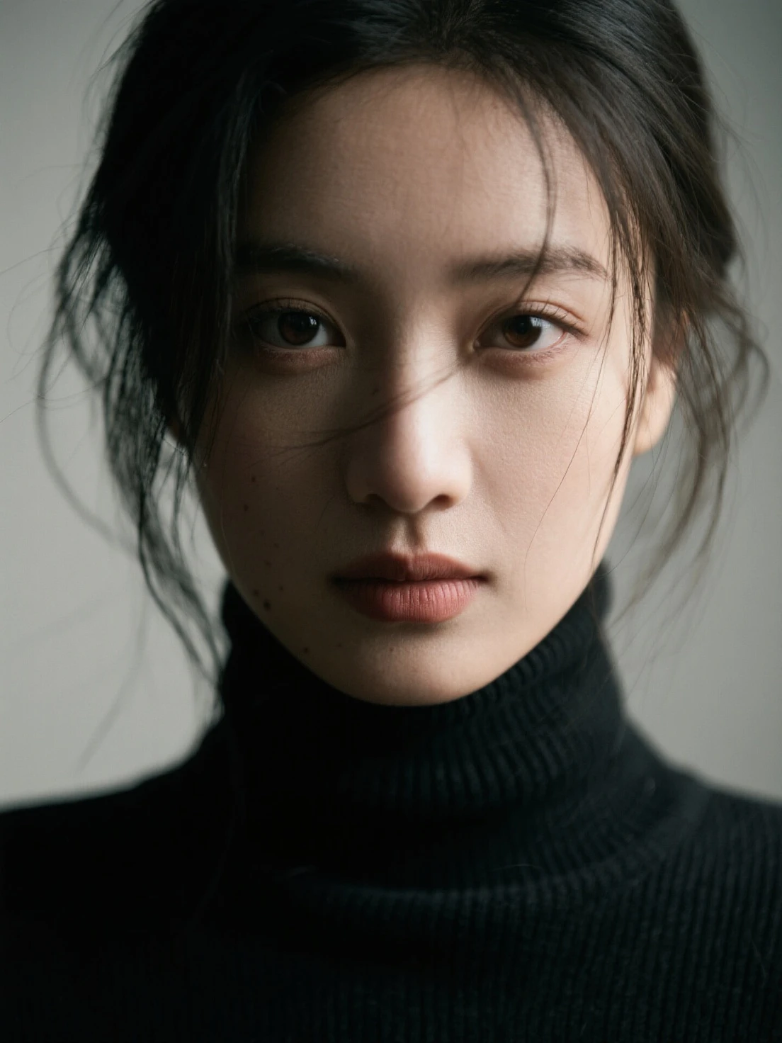 Best quality at best,tmasterpiece,ultra high resolution,(realness:1.4),RAW photogr,Cinematic texture,1 cool girl,Tall and tall,Dressed in turtleneck, standing in the plain background,looks into camera,fashion photoshoot, black bob hair, gorgeous eyes