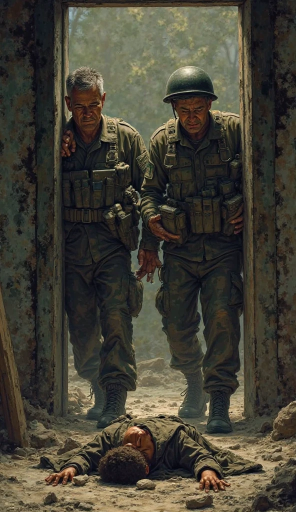 two men together, two topless muscular men, military dogtag necklace between pecs, (kiss:1.1),together, unconscious, on back, backpack, panty bulge, precum, (desert camouflage, military uniform, dark skin,
