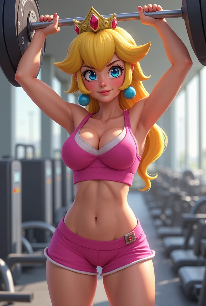 Uma garota sexy com cabelos castanhos, she is at the gym, she is wearing an erotic costume