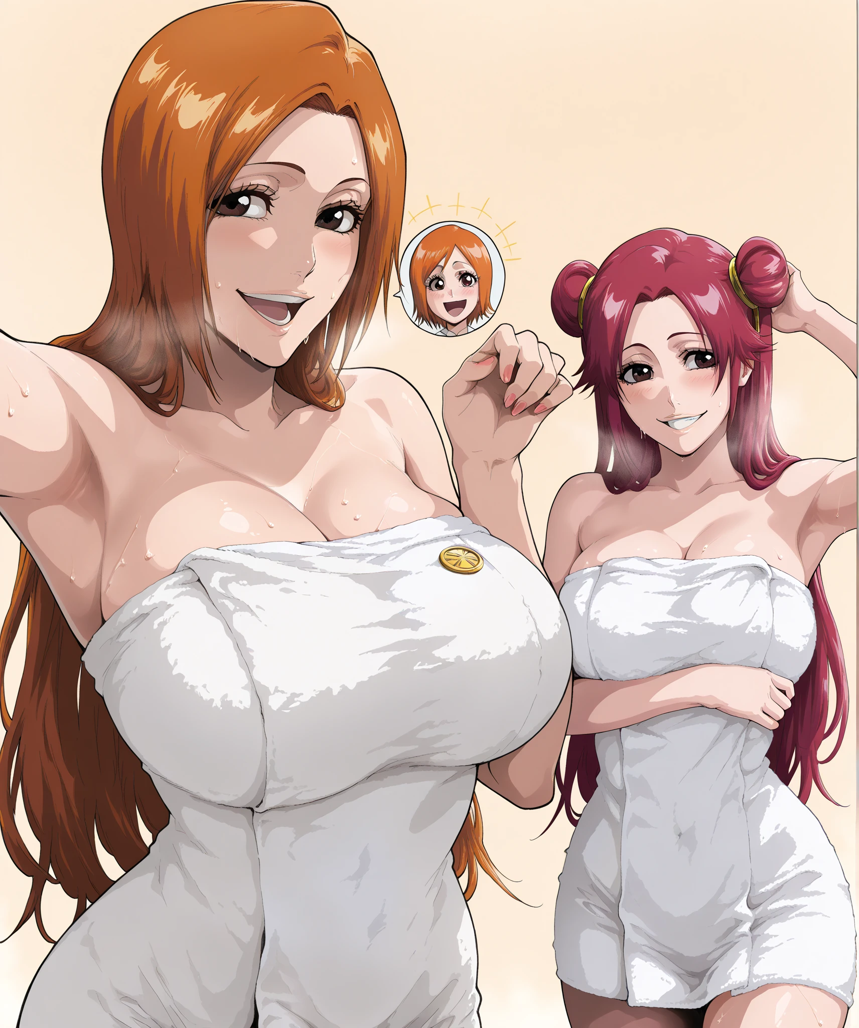 masterpiece, best quality, amazing quality, 2girl, (orihime, bleach, long orange hair brown eyes ), (Riruka, bleach , magenta eyes , red hair), long hair, white towel, very happy smile, close up shot, simple background, medium size , golden ratio face, lesbian, sexy pose, breathing effect, breathing heavily, onsen background, lesbian ,lesbian, 2 girls next to each other, full-body -view ,