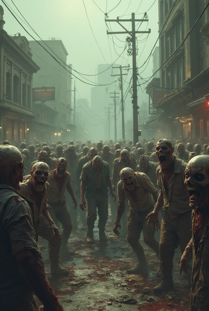 zombi、frotting、、Doomsday style、terroral、,a group of zombies behind,city on fire,Sense of oppression,k hd,4K,A lot of detail