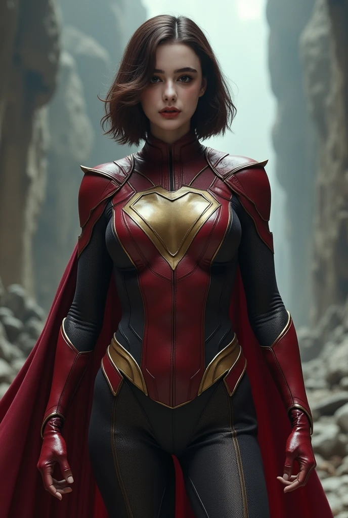 draw her face as a supper hero with sagging breast perfect female body , pale white skin body, bob cut, majestic pose