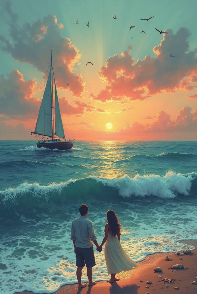 young couple walking along the beach towards the sunset.