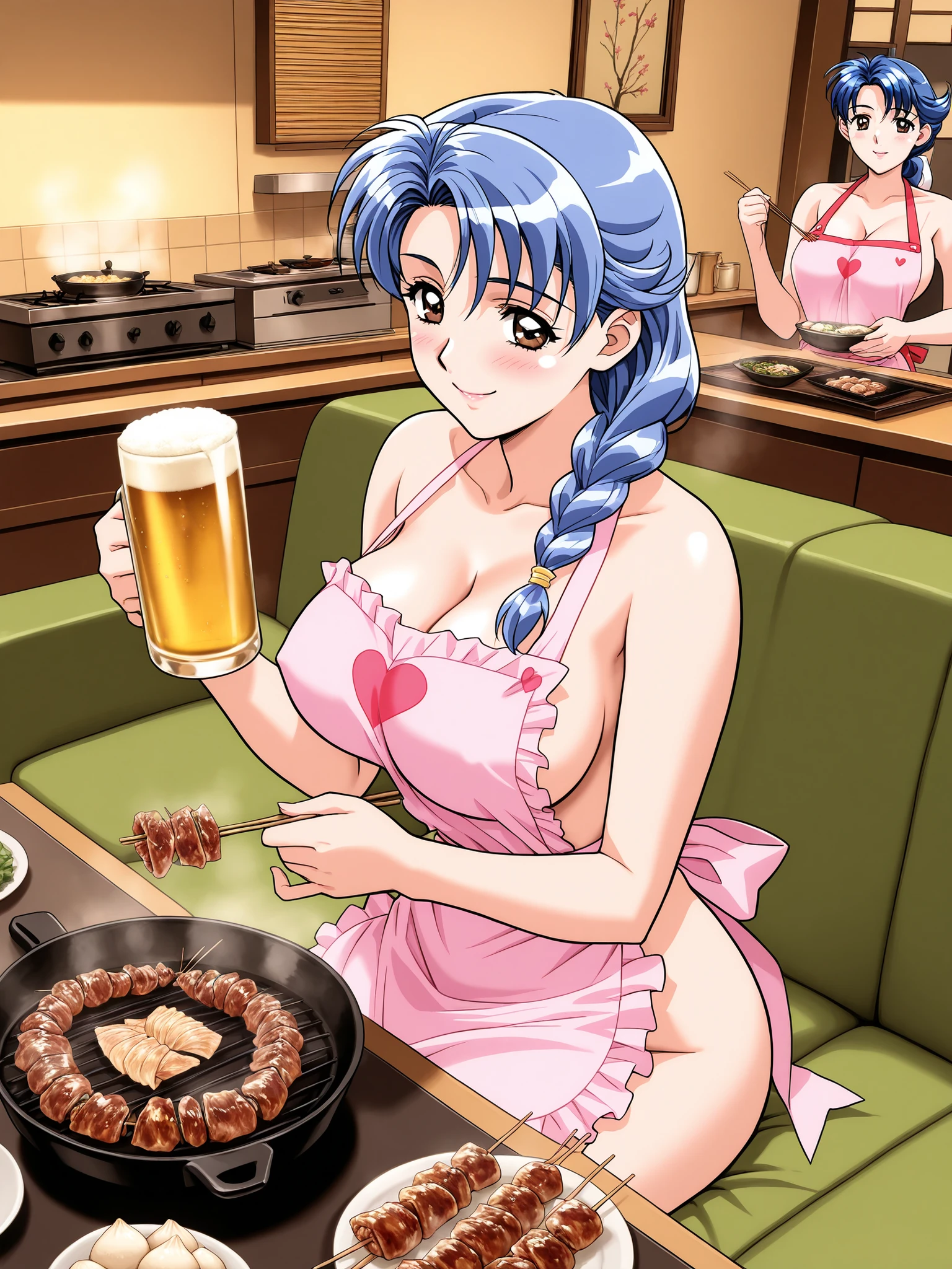 cooking,beer,dumpling, eats,Yakitori,(Highest Quality, masterpiece,sleeveless,naked apron,),Alluring,Married Woman,40 years old,cleavage,Ultra Details,very aesthetic,best arm, Narusawa Misako, blue hair, long hair, brown eyes in the bedroom, big breasts,pink heart shaped apron, indoor, braid, tables,Sofa, (viewers looking straight up), skirt for ears, smile,