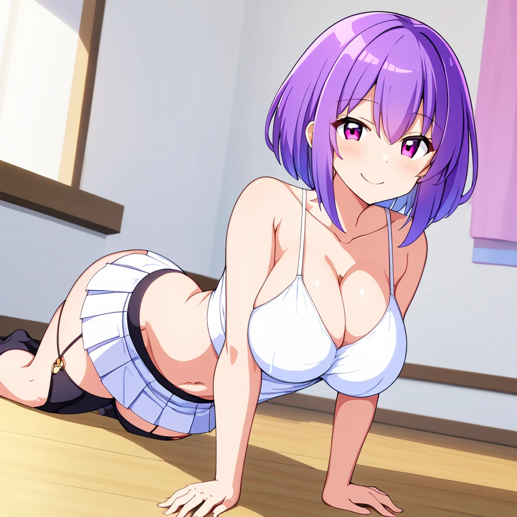 Hiro Segawa in White underwear, from Front View, touching her panties, about to tooking IT Off, blushing, she has very short purpoe Hair, Green eyes, a seductive Look, aggressive and seductive smile and has a thicc body, oily eyelashes, Anime style, in a living room