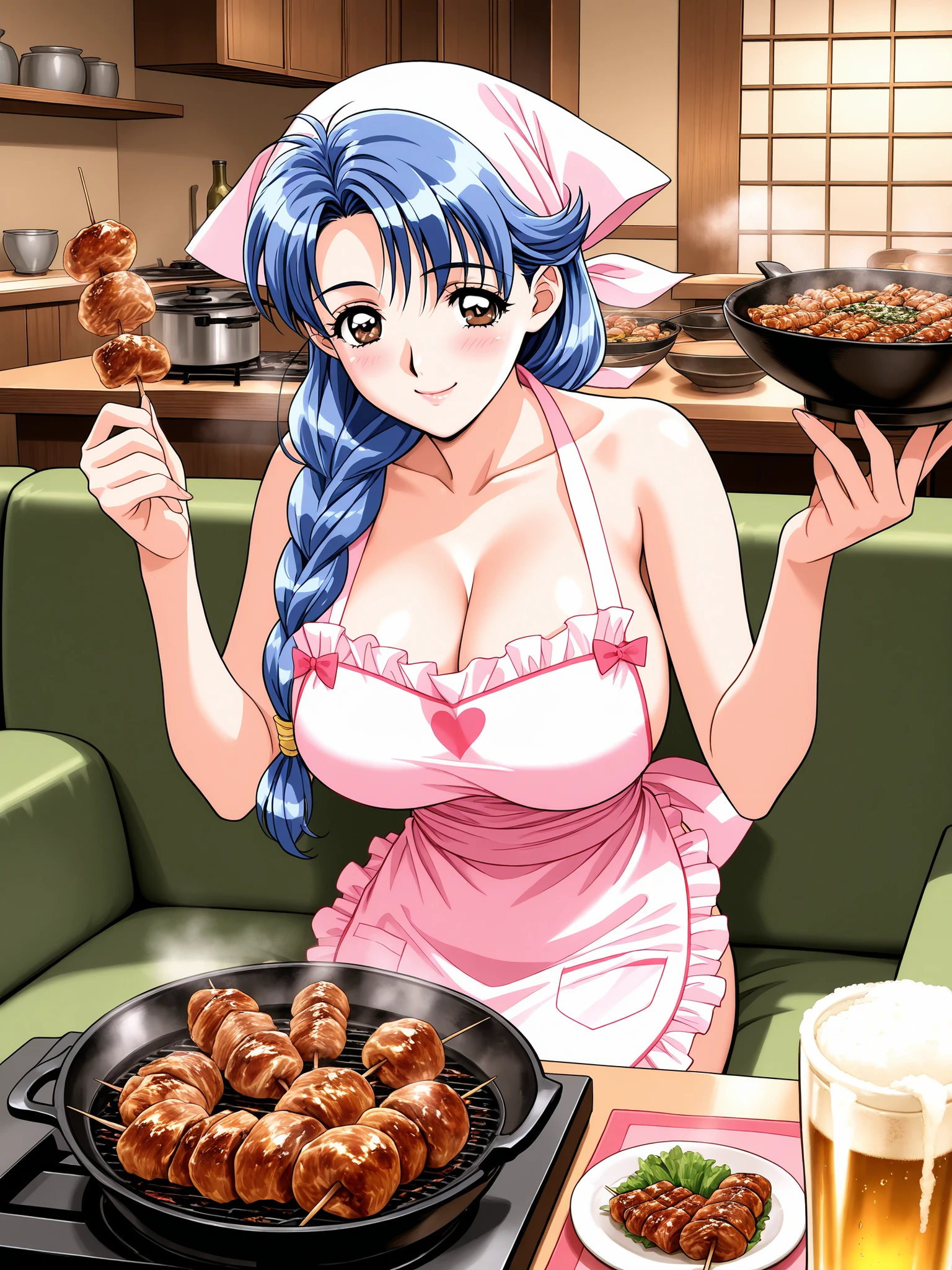 cooking,beer,dumpling, eats,Yakitori,(Highest Quality, masterpiece,sleeveless,naked apron,),Alluring,Married Woman,40 years old,cleavage,Ultra Details,very aesthetic,best arm, Narusawa Misako, blue hair, long hair, brown eyes in the bedroom, big breasts,pink heart shaped apron, indoor, braid, tables,Sofa, (viewers looking straight up), skirt for ears, smile,