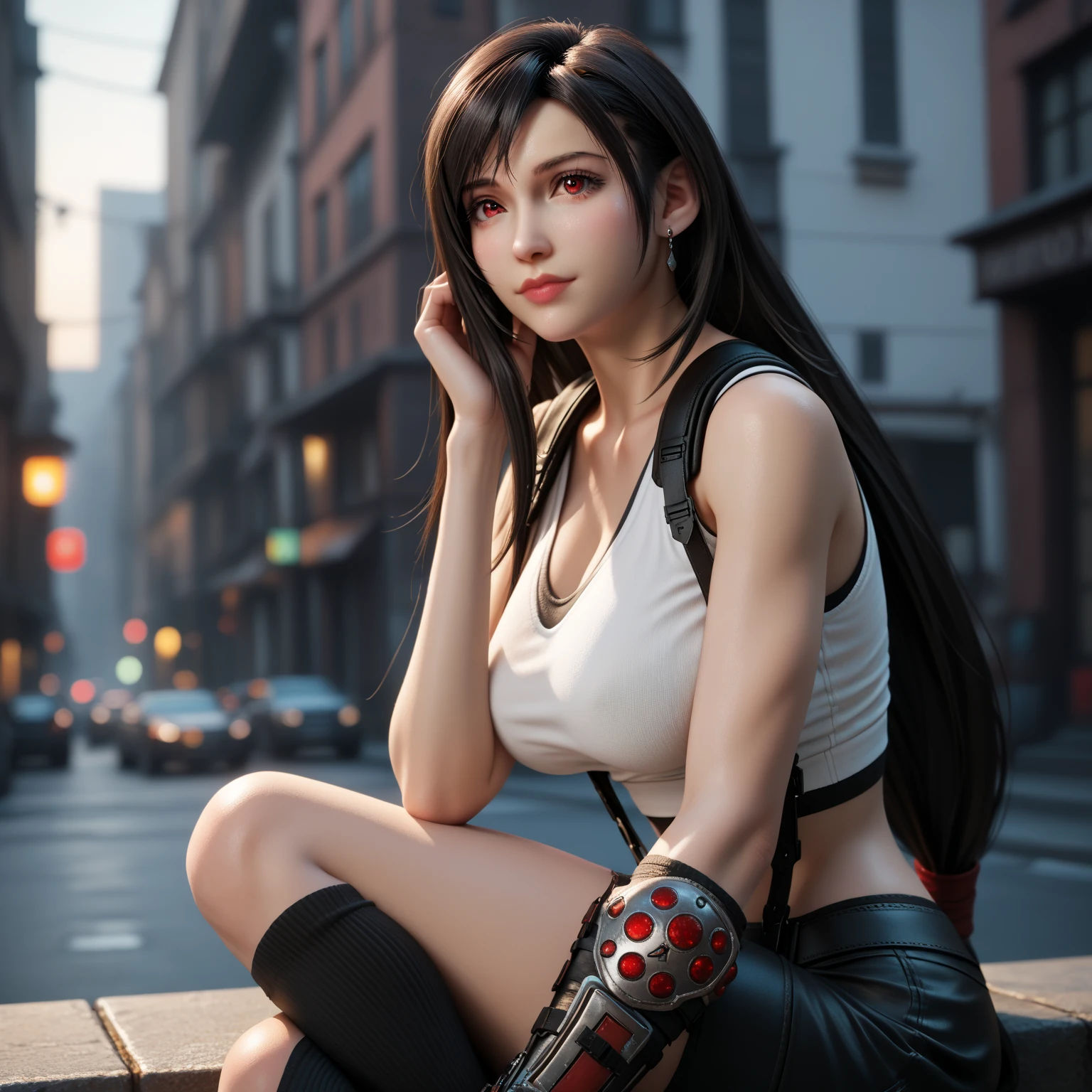 Tifa Lockhart, rosto delicado, rosto detalhado, Sweet smile expression, corpo perfeito, textura ultra realista