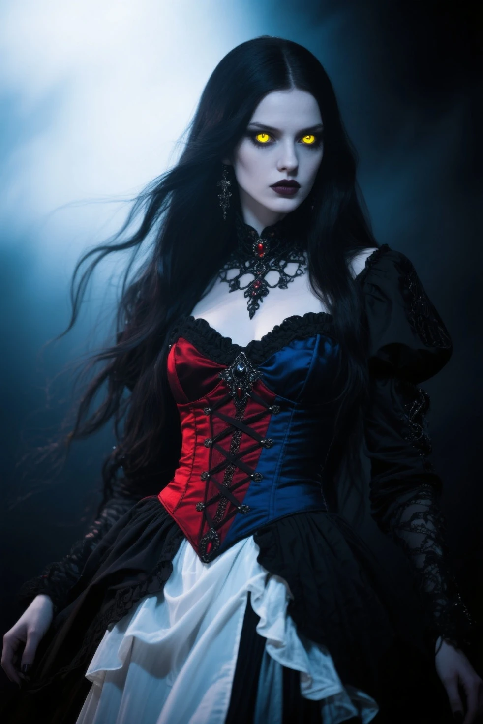 A beautiful woman, hourglass figure, large breast , long black hair, black lipstick, blue eyes, seductive Goth style with Goth jewelry, wearing a (ornate Victorian corset in Duotone [red and black] style:1.3), standing in a cemetery  in the early at night under a full moon, (Fogcore style:1.3), (full body:1.3), hyper realism, 8k high definition, vibrant colors, sharp focus, insanely detailed