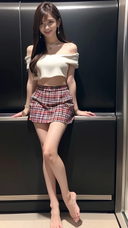 (8k、RAW Photos、Highest quality、masterpiece:1.2)、(Realistic、Realistic)、1 Girl、((See-through、Twin tails、Idol Costume、Tube top、ribbon、black and pink check mini skirt、Frilledium Hair、smile、whole body、boots、garden、View from the front、Looking at the camera、Hands on your hips))、cute