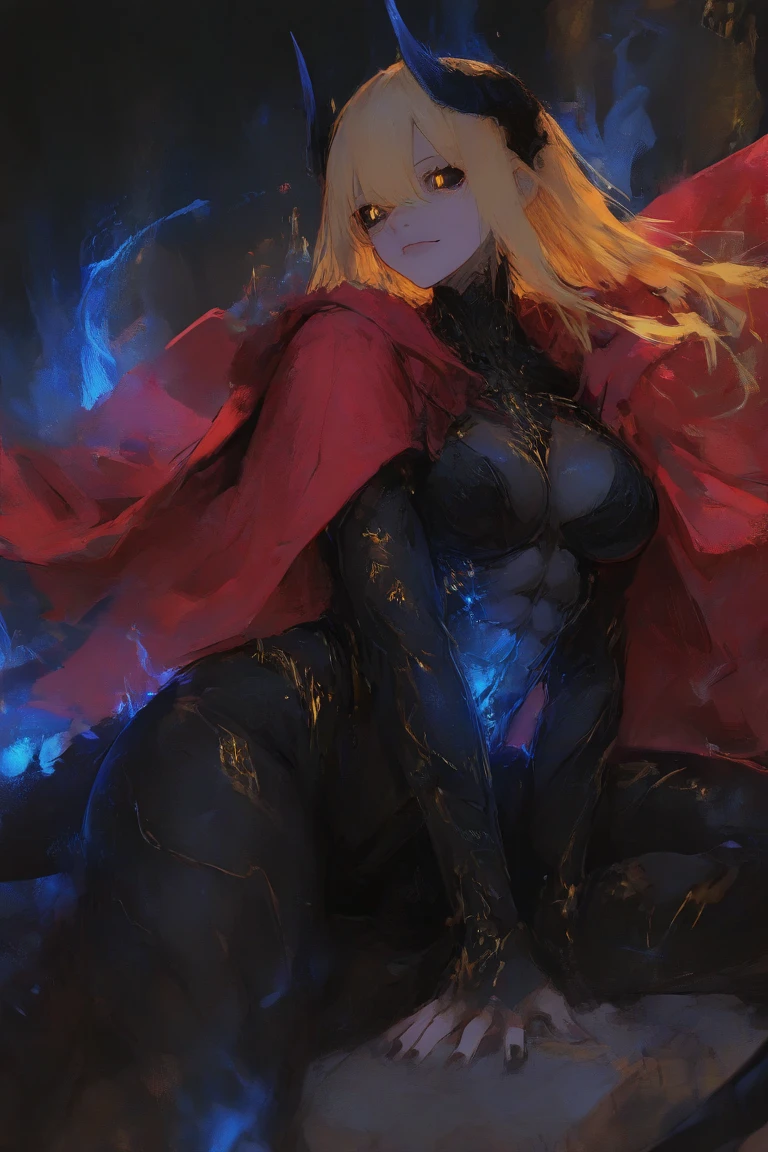 (obra maestra) (La mejor calidad) In a dark room of a strange reddish mist and golden sparks emerges a beautiful and beautiful witch of demonic appearance and great magical powers......... Your hair is being lifted upwards by a mysterious wind.