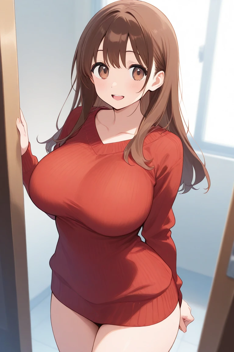 masterpiece, best quality, highest quality, perfect anatomy, highres, ultra-detailed, 8k wallpaper, texture, detail, unique, HDR, extremely detailed CG, Azuma Hisato, 1 girl, Solo, full body, standing, ponytail, brown_hair, Bangs, brown_eyes, 20yo, mature female, looking at viewer, smile, lewd face, (Beautiful,large_Breasts:1.4), (beautiful_face:1.5),(narrow_waist), swim suit