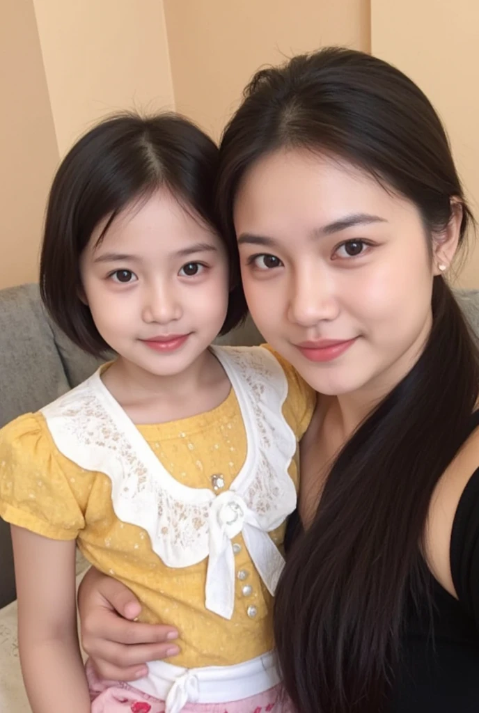 photo studio, full body, Indonesian people, a 27-year-old mother, long brown hair, with her 5-year-old daughter, straight black hair with bangs, photo studio, hugging each other, closeup, uhd 8k