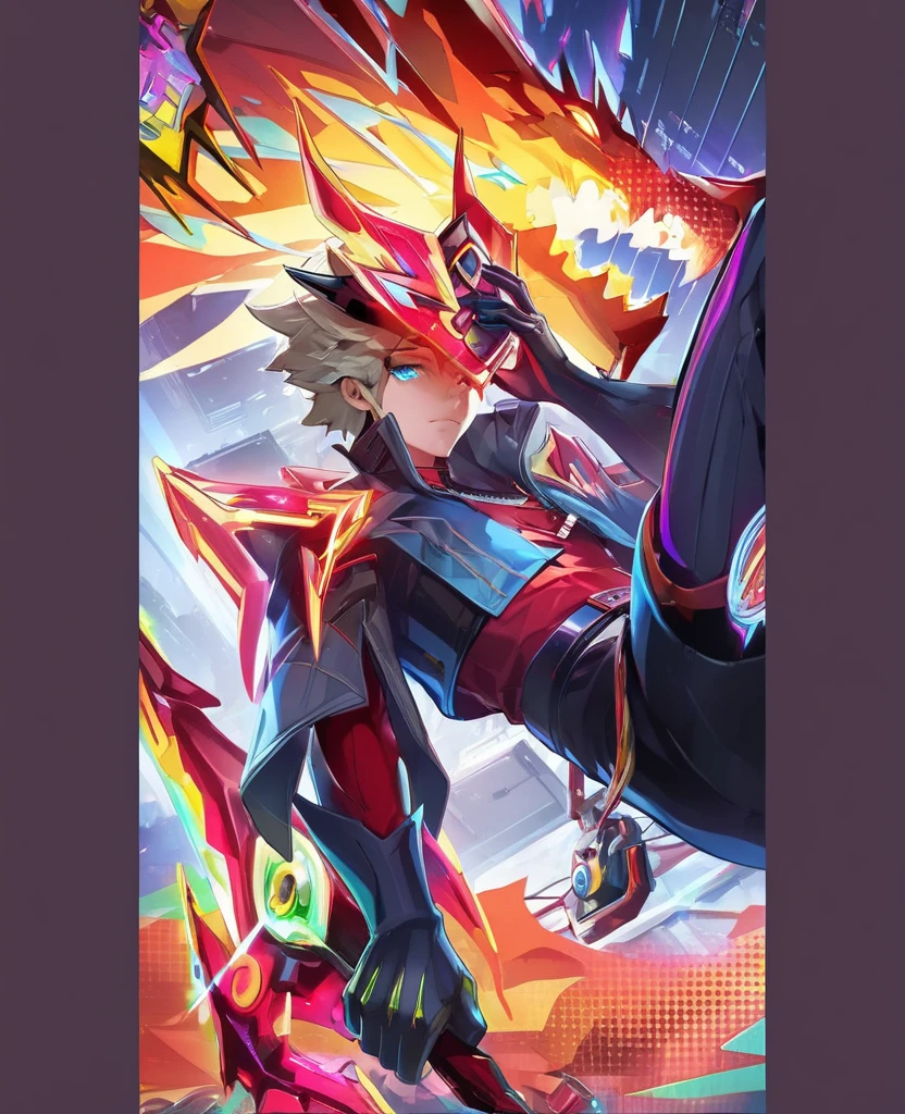 background, mixed-language_text, Japanese letters in graffit ,boys, excellent lighting, sidelighting, (), vhsKeeper,, style GUILTY GEAR -STRIVE perfect ultimate (flat color: 1.3), (magazine_cover: 1.4), (multicolored_background: 1.3), striped_background, card_background, :: comix style by joe madureira :: circular pieces of white metals glued to the arms coming out shimmering yellow glow, , perfect and detailed, ultra detailed shirt with abstract design and with letter print  Japanese in graffiti of the sides of clothing, image of full-body boys fighting alongside you with powerful dragons versus alien creature full of tentacles, with immersive effects, hover effect, background graffiti style tribal tattoo with vibrant colors "HDR ultra" detailed and with focus effect, (masterpiece: 1.2, best quality), (beautiful eyes finely detailed: 1.2),  , ((Solo)), (Finely detailed eyes and detailed face :1.3), in various full-body attack poses, (cute background: 1.2),futuristic costume, super detailed circular metals Clinging to arms and pants, fantastic paintings