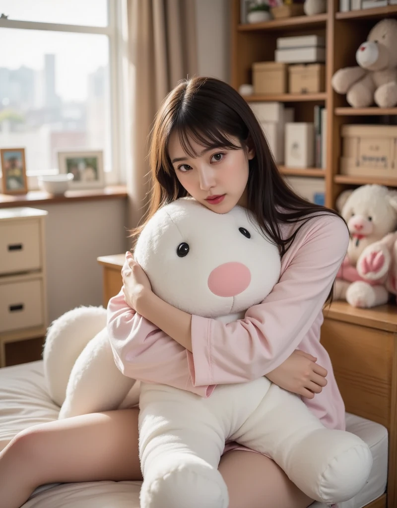 araffe with a pink shirt and a white teddy bear, 1 8 yo, stuffed toy, holding a teddy bear, cute toy, teddy bear, laying teddy bear, plushie, Yoshitomo Nara, 2 2 years old, 2 5 yo, 2 3 years old, Beasts, sie boob