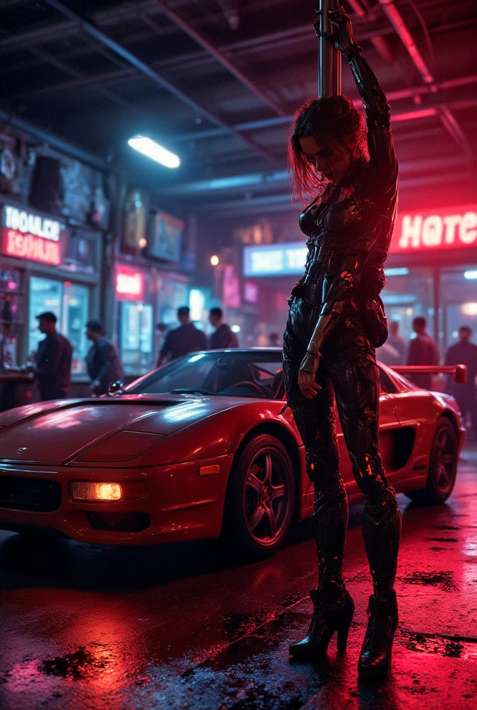(masterpiece)+, (Best Quality)+, (Complex detail)+, cyberpunk car, a sexy girl posing next to the car matte black painting, showroom concept, lens flare, camera artifact, professional photographer, 4k, HDR, longitudinal symmetry