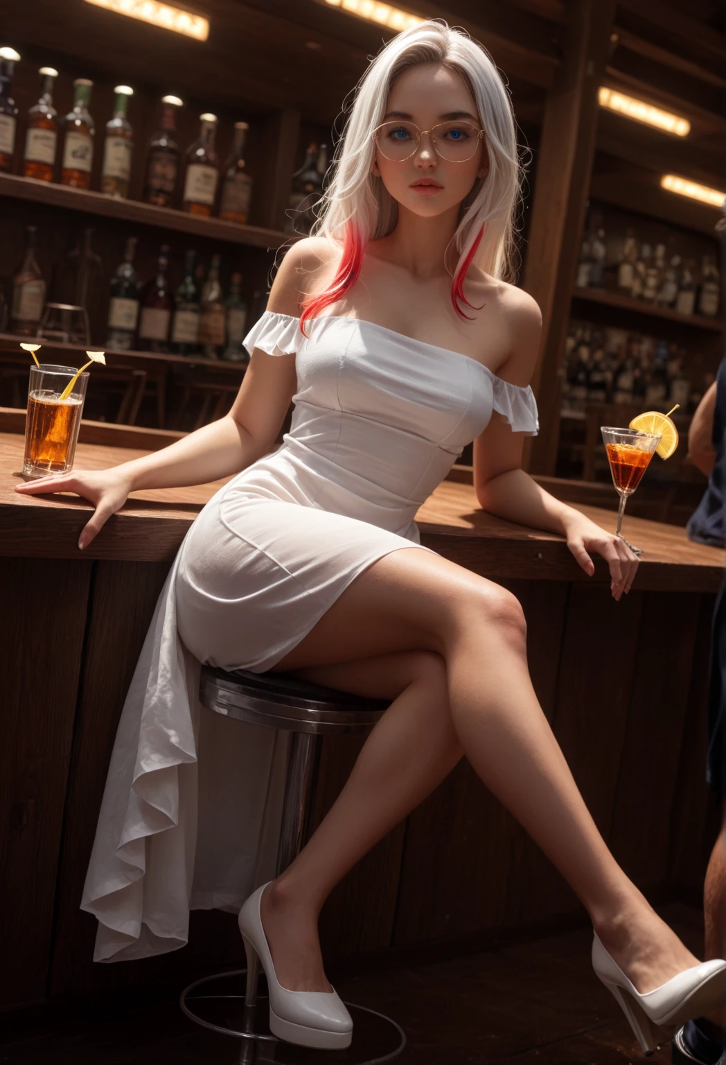 Cowboy shot, Back angle, leaning forward, reclining on the table, best quality, highres, counts, skin definition, detailed skin, detailed eyes, detailed face, (Caucasian:1.5), realistic, ((AV model)), 8k, (photorealistic:1.5), realistic, uhd, cute, bimbo, perfect makeup, ((white bikini, short-skirt, Greek sandals)), (firm large breasts:1.25), neckline, curvy, oral stimulation, hourglass figure, 1girl,  solo, beautiful face, caucasian, portrait, white theme, (large breasts, long breasts:1.3), twin tail, (long pink hair:1.2), ((twerking provocateur))