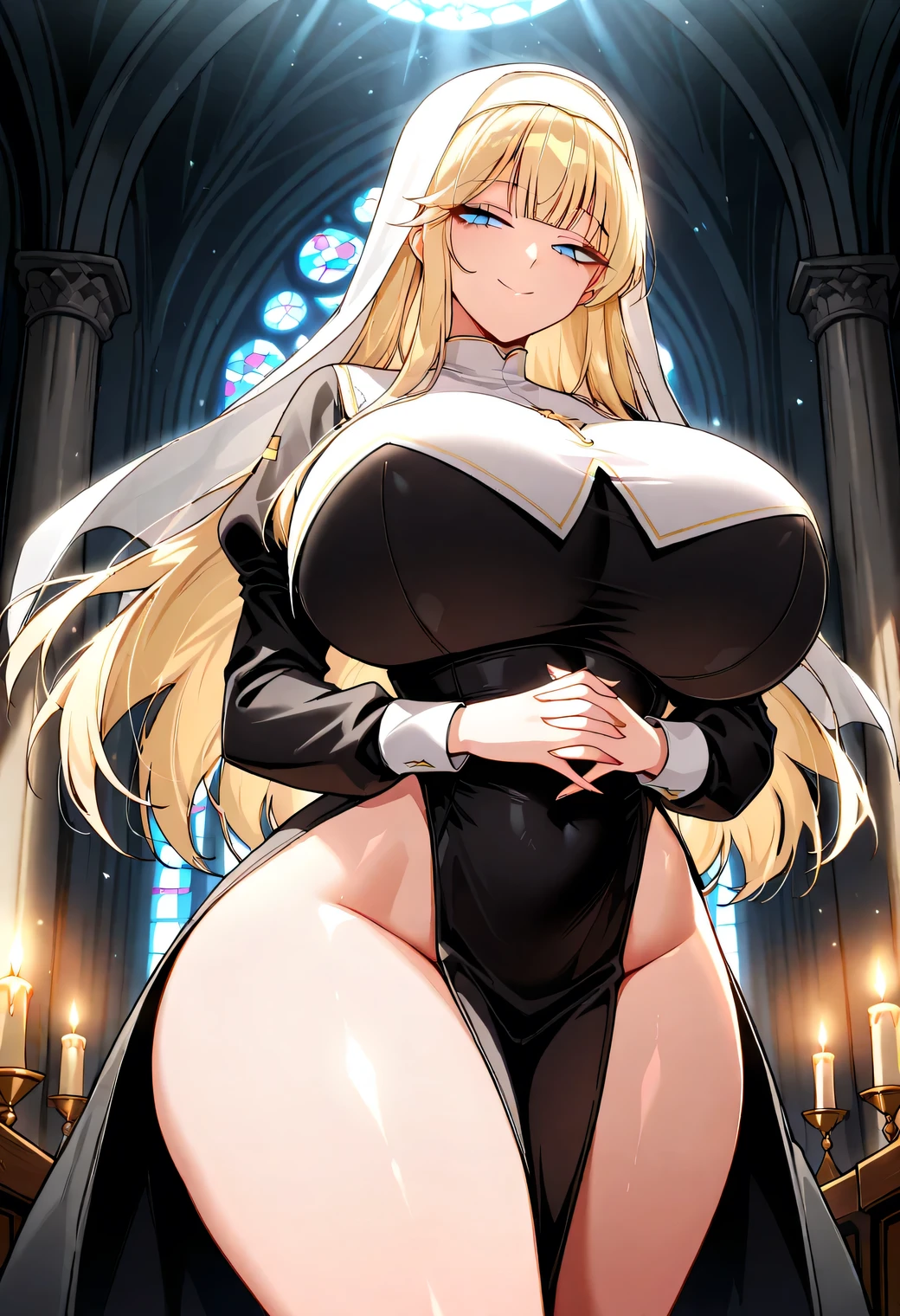 stressed woman long blond hair sensitive eyes priest standing white steamy glass slouching veil crucifix geometric pattern transparent underwear church single woman standing black sister veil black tights black bunny ears sister curvy Thick thighs, deep slits, straight long hair, stent glass cloth, mysterious eros, stuffy steam, smell of sweat, good smell, whip thighs, whip milk, whip buttocks, whip armpits, plump areola, whip whip bunny Girl, Bodycon, Mesh, Church, Plump, Transparent clothes