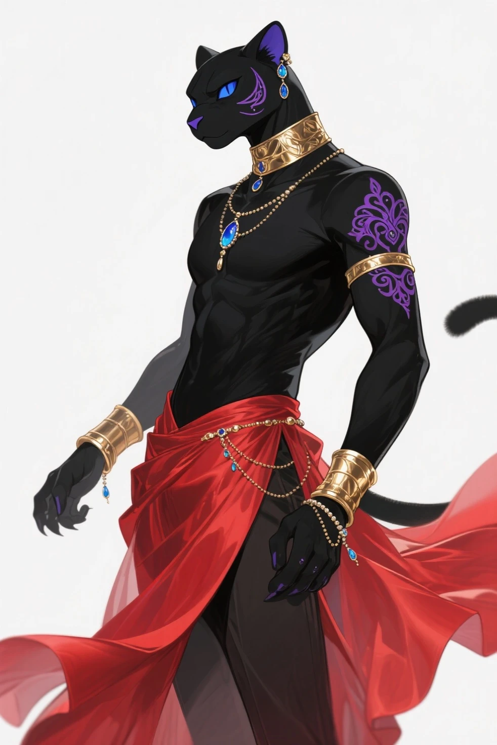 Masterpiece Best quality, the best definition to add aesthetic and lighting details Black girl jackal, egiptian clothes, teen girl, ,black body, ( the best definition in the body, good attributes, styled body, slanted eyes, sensual look) egipt landscape, golden tattoo body, sensual eyes, yellow pupil, he has 2 daggers in his hands