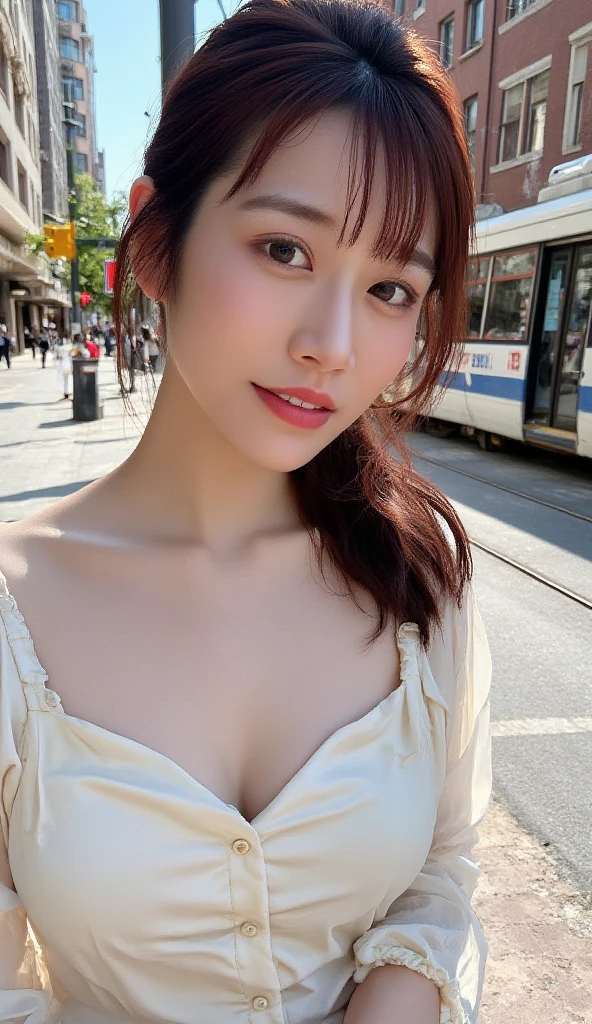 ((hair, Ultra-high resolution, highest quality, masterpiece: 1.2), (Realistic, PhotoRealistic: 1.37), Super detailed, (Tokyo, Busy Street, sunny: 1.2), Professional Lighting, Photon Mapping, Radio City, Physically Based Rendering, masterpiece, Rich details, (Beautiful Face),(Beautiful Eyes), (Clear Face), (Detailed face description), (Detailed hand description), ( masterpiece), Realistic, Extreme light and shadow, Shiny skin,Shiny Hair, One Girl, 18-year-old, Japan, cute, (smile,Happy:1.3),(Gradient Brown Hair, short hair, ponytail:1.2),Small Tall, thin: 1.2, double, Disheveled Hair, fine clavicle, clavicle, (Small breasts, Flat Chest:1.37),(Dynamic pose, Cowboy Shot: 1.3), (Knitted deep V-neck slip dress, Micro Mini, Side bust, Bare waist, Bare Armpits, Cleavage: 1.2), Face Focus
