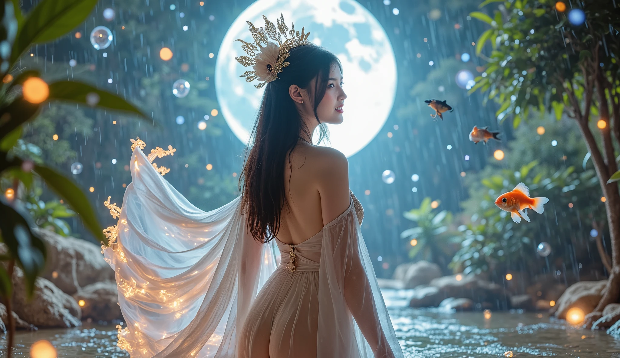 Diffuse lighting、 Highest quality, High resolution, unity 8k wallpaper、Supersaturation, Colorful, fairy tale, dream-like, Movie-like characters, oil, 3d, 8K resolution, Sequins, Sparkling, moonlight, Close-up portrait adorable,Too cute cat, Fine grain, Large, round, reflective eyes,Dreamland、pastel colour、A bikini made of soft marshmallow fabric、Tight ass、laugh、Facing forward、full moon、Mysterious Flower、