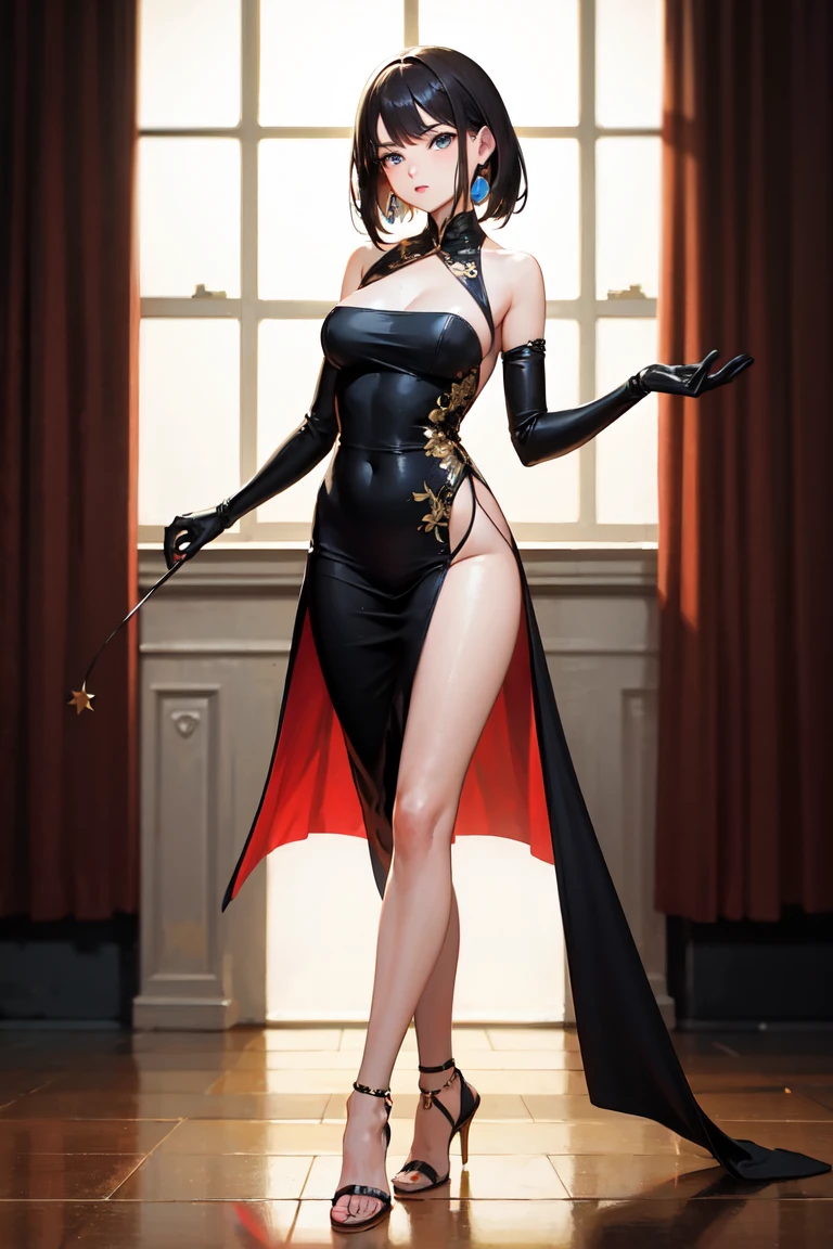 masterpiece, (best quality: 0.8), perfect anime illustration, high quality, (highres:1.2), sharp focus, detailed, 1woman, (red hair: 1.1), (short curly hair:1.35), (emerald eyes:1.1), thick eyelashes, (finely detailed eyes:1.1), sharp pupils, collarbone, (smile face, face, flushed, lustful expression:1.2), freckles, medium chest, show, finger, bright lips, perfect hands, detailed skin, whole body, looking at the viewer, bright colorful, volumetric lighting, extremely detailed, half fish net, high cut black Bunnysuit, black rabbit ears, red high heels, white choker, black ties, standing on one leg, legs up, split, split foot, show stage, audience background, pov audience,