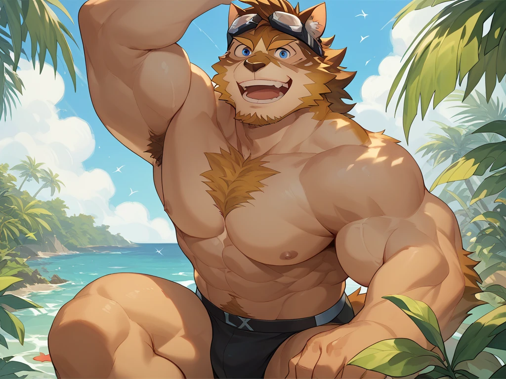 muscular male, tired man, 1man, solo, male focus, posing, muscular daddy, big muscles, thick chest, stomach, abs, thick veins, bara, furry, wolf, wolf ear, tail, thick eyebrows, thick thighs, long beard, pubic hair, navel hair, large pectorals, pond, waterfall, shirtless, necklace, looking at viewer, smiling, gentlemen, hairy man, hairy, sweating, sweat, wet, broad shoulders, lying in water, glistening, stomach, mature male, male