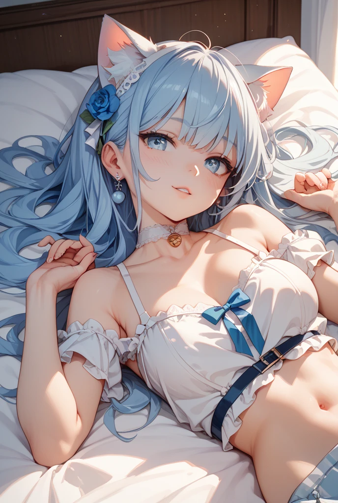 masterpiece, best quality, whole body, 1 solo girl, light blue hair, light blue eyes, long hair, medium breasts, mature body and face, wavy hair, smile, red lips, bare shoulders, cleavage, white lingerie, white bra, white panties, open stomach, bed, leg up sexy pose, cowboy shots, detailed body, face, and eyes, sharp focus, vibrant, creative, dynamic, high definition, high resolution, 8k, (Upscale: R-ESRGAN 4x+ Anime6mage enchance:4x), voluptuous body, cinema lightning, dakimakura style, looking at the viewer, hair ribbon